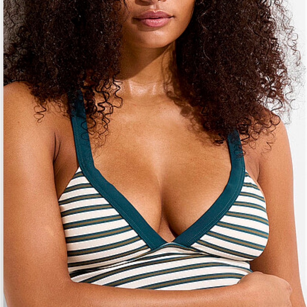 Simons Striped V-Neck Swim Top in Teal and White